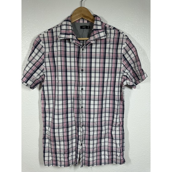Vince Other - Vince Shirt Mens Medium Pink White Navy Plaid Short Sleeve Button Up Casual